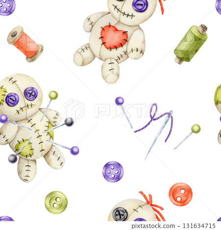Halloween stitched dolls with purple buttons, green spools, orange pumpkins and needles in watercolor illustration, hand drawn seamless pattern for party decor, wrapping paper, fabric design and 131634715