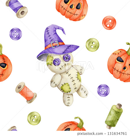 Halloween doll in purple witch hat, pumpkins, sewing buttons and threads in watercolor illustration, hand drawn seamless pattern for fabric design, packaging, stationery, digital papers and textiles. Halloween doll in purple witch hat, pumpkins, sewing buttons and threads in watercolor illustration, hand drawn seamless pattern for fabric design, packaging, stationery, digital papers and textiles. 131634761