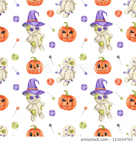 Stitched doll with purple hat, pumpkins, sewing threads and buttons in watercolor illustration, hand drawn seamless pattern for Halloween fabric, wrapping paper, cards, digital paper and invitations. Stitched doll with purple hat, pumpkins, sewing threads and buttons in watercolor illustration, hand drawn seamless pattern for Halloween fabric, wrapping paper, cards, digital paper and invitations. 131634763
