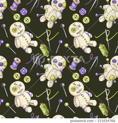 Beige stitched dolls, purple buttons, pins and sewing threads in watercolor illustration, hand drawn seamless pattern ideal for Halloween wrapping paper, fabric, textile design or party decorations. 131634768