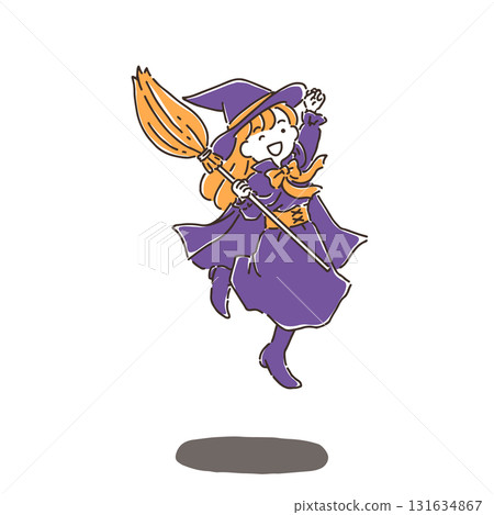 身穿跳躍女巫服裝的年輕女子拿著掃帚 131634867