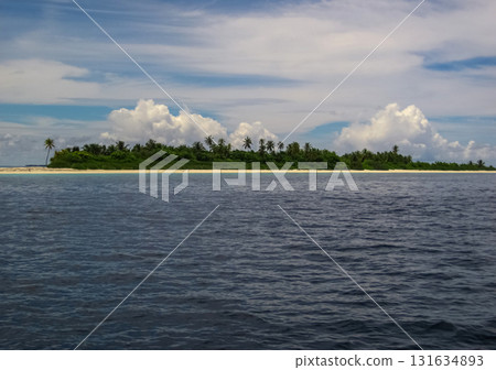 Uninhabited palm island with sandy beach, offshore coral reef on Indian Ocean, Maldives background. 131634893