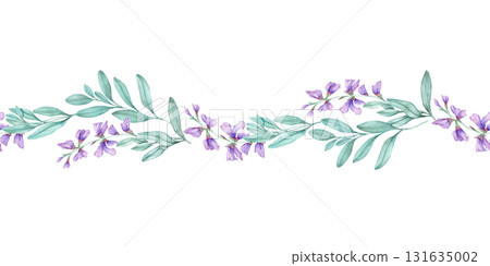 Horizontal floral border of purple sage blossoms with teal leaves, hand drawn watercolor clipart. Perfect for invitations, greeting cards, decorative stationery, packaging, and fabric prints. Horizontal floral border of purple sage blossoms with teal leaves, hand drawn watercolor clipart. Perfect for invitations, greeting cards, decorative stationery, packaging, and fabric prints. 131635002