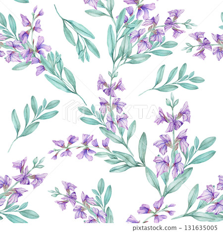 Purple sage flowers with teal leaves seamless floral design, watercolor clipart, hand drawn. Excellent for wrapping paper, textiles, packaging, digital patterns, and wedding stationery. 131635005