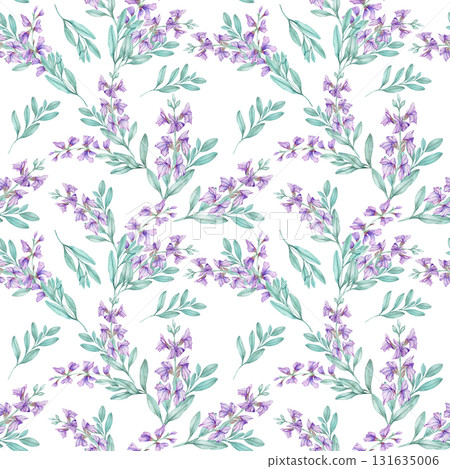 Purple sage flowers and teal green foliage seamless pattern, hand drawn watercolor clipart. Suitable for fabric printing, packaging, digital scrapbooking, wallpaper, and invitations. 131635006