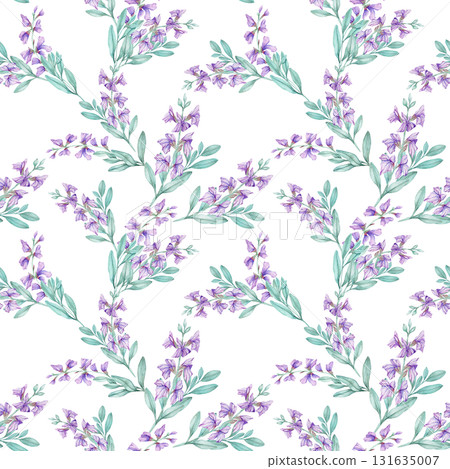 Botanical seamless pattern with violet sage flowers and teal green leaves, watercolor clipart, hand drawn. Great for fabric design, wrapping paper, stationery, wallpaper, and packaging. 131635007