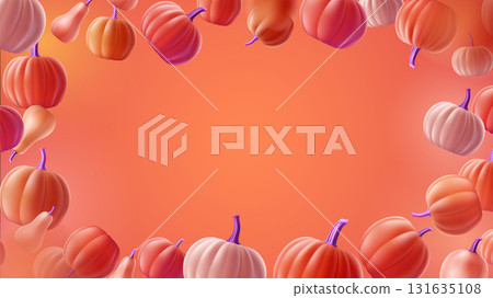 Vector frame with flying pumpkin and copy space. Horizontal editable squash template with place for your text. Autumn 3D gourd illustration with shadow for background, wallpaper, halloween banner Vector frame with flying pumpkin and copy space. Horizontal editable squash template with place for your text. Autumn 3D gourd illustration with shadow for background, wallpaper, halloween banner 131635108