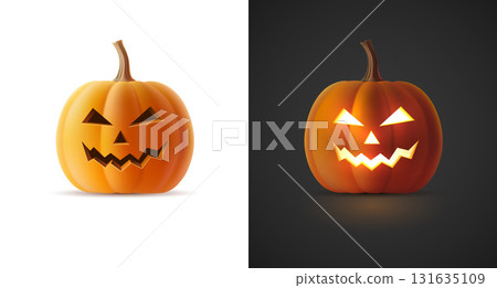 Vector illustration of volumetric glowing Jack-o-lanterns for Halloween. Template 3D realistic pumpkin with carved smiley face on isolated background. Autumn holiday, All Saints Eve Vector illustration of volumetric glowing Jack-o-lanterns for Halloween. Template 3D realistic pumpkin with carved smiley face on isolated background. Autumn holiday, All Saints Eve 131635109