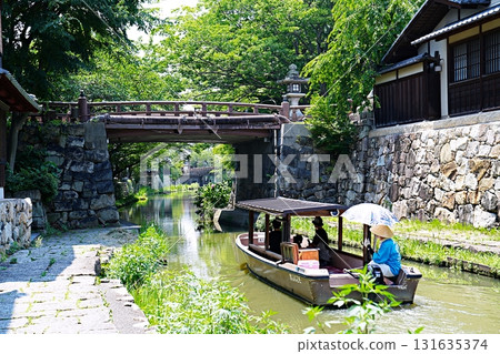 Shiga, Omihachiman, Yawatabori Tour, Houseboat Approaching Hakuun Bridge (Summer) 131635374
