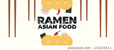 Ramen soup with chopsticks Asian and Japanese cuisine banner. Perfect for restaurant branding, advertising, menu design, and marketing materials Ramen soup with chopsticks Asian and Japanese cuisine banner. Perfect for restaurant branding, advertising, menu design, and marketing materials 131635411