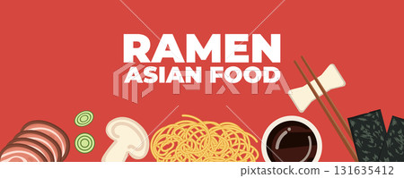 Ramen soup with chopsticks Asian and Japanese cuisine banner. Perfect for restaurant branding, advertising, menu design, and marketing materials 131635412