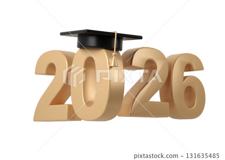 Academic achievement symbolized by graduation cap resting on golden 2026 education numerals, representing transparent background scholarly milestone Academic achievement symbolized by graduation cap resting on golden 2026 education numerals, representing transparent background scholarly milestone 131635485