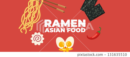 Ramen soup with chopsticks Asian and Japanese cuisine banner. Perfect for restaurant branding, advertising, menu design, and marketing materials 131635510