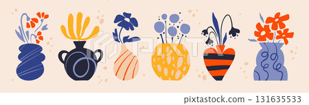 Doodle style vase set with flower arrangements Doodle style vase set with flower arrangements 131635533