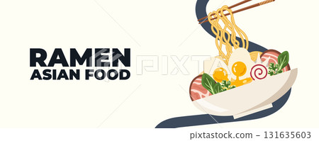 A bowl of ramen soup with chopsticks Asian and Japanese cuisine banner. Perfect for restaurant branding, advertising, menu design, and marketing materials A bowl of ramen soup with chopsticks Asian and Japanese cuisine banner. Perfect for restaurant branding, advertising, menu design, and marketing materials 131635603