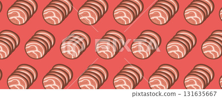 Seamless meat and bacon pattern for cafes, butcher shops, restaurants, and culinary branding. Food illustration for menus, packaging, and advertising materials 131635667