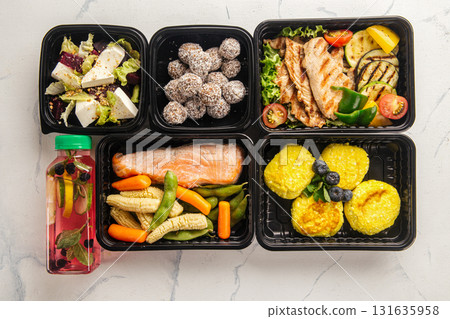 Healthy meal delivery with assorted dishes 131635958