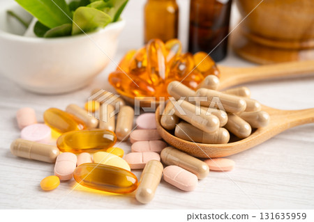 Alternative medicine herbal organic capsule drug herb. 131635959