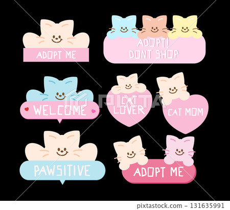 Cute vector illustrations of cat tags including adopt don't shop, welcome, adopt me, cat mom, cat lover for animal, pet shop, cartoon, cute patch, foster home, shelter, forever home, stickers Cute vector illustrations of cat tags including adopt don't shop, welcome, adopt me, cat mom, cat lover for animal, pet shop, cartoon, cute patch, foster home, shelter, forever home, stickers 131635991