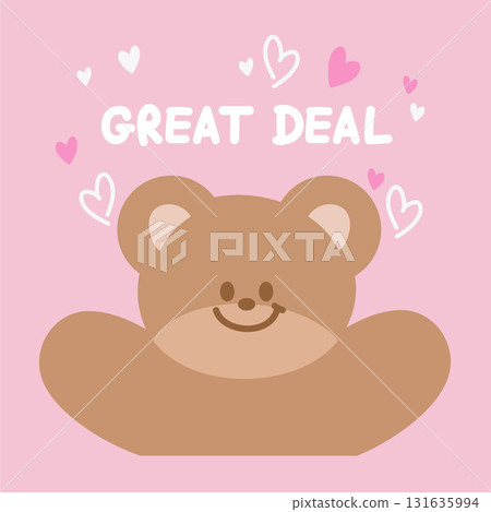 Cute illustration of teddy bear, GREAT DEAL letter, hearts on pastel pink background for online shopping, promotion, banner, special price, discount, campaign, ad template, wallpaper, poster, backdrop 131635994