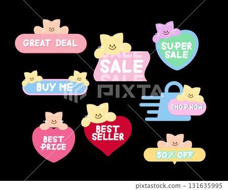 Cute cat sale icons such as great deal, super sale, buy me, best seller, shop now for online shopping, promotion, sticker, banner, discount, web button, campaign, brochure, price tag, animal, pet shop 131635995