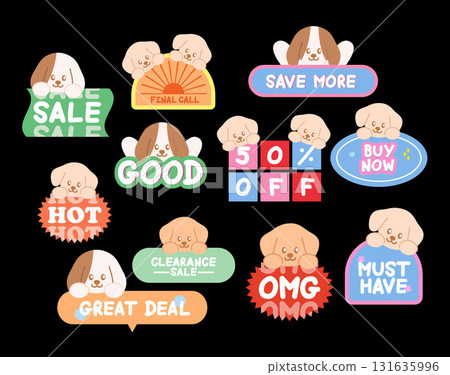 Cute puppy sale icons such as final call, save more, must have, buy now, OMG for online shopping, promotion, sticker, banner, discount, web button, campaign, brochure, price tag, animal, pet shop, dog Cute puppy sale icons such as final call, save more, must have, buy now, OMG for online shopping, promotion, sticker, banner, discount, web button, campaign, brochure, price tag, animal, pet shop, dog 131635996