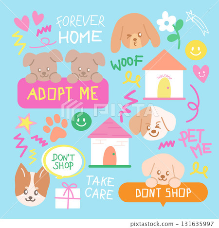 Cute vector illustrations of puppies, house, flowers for adopt and rescue animals, sticker, pet shop, vet, dog cartoon, character, comic, mascot, cute patch, foster home, shelter, forever home, woof 131635997