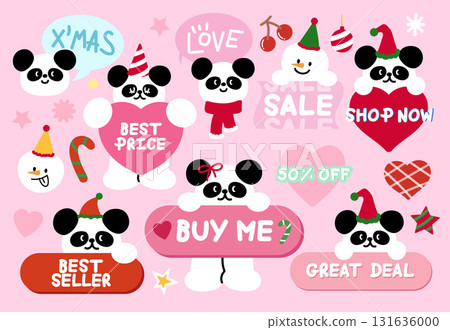 Cute Christmas sale icons such as best price, buy me, best seller, shop now with panda, snowman for online shopping, promotion, sticker, banner, special price, discount, button, campaign, ads, tags 131636000