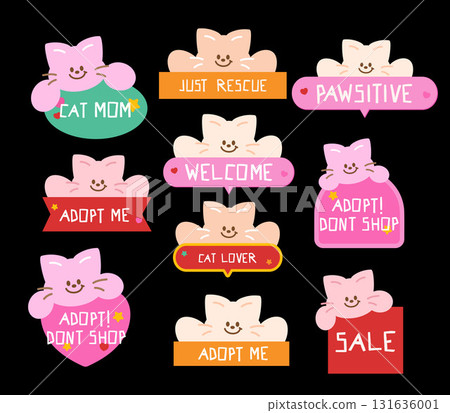 Cute vector illustrations of cat tags including adopt don't shop, welcome, adopt me, cat mom, just rescue for animal, pet shop, cartoon, cute patch, foster home, shelter, forever home, cat lover 131636001