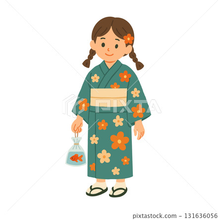 Illustration of a girl in a kimono holding a goldfish Illustration of a girl in a kimono holding a goldfish 131636056