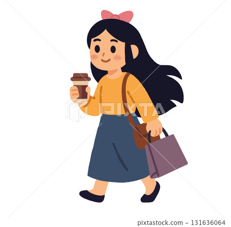 拿著咖啡和袋子散步的女人的插圖 131636064