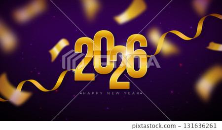 2026 Happy New Year Illustration with Gold Typography Number and Christmas Ball on Falling Confetti Background. Holiday Design with Christmas Ornaments for Greeting Card, Flyer, Banner, Party 2026 Happy New Year Illustration with Gold Typography Number and Christmas Ball on Falling Confetti Background. Holiday Design with Christmas Ornaments for Greeting Card, Flyer, Banner, Party 131636261