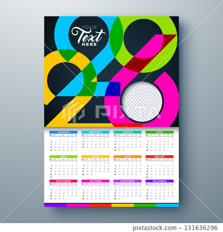 2026 Printable Calendar Design Template with Abstract Number Symbol, Whole Annual Monthly Typography and Copy Space on White Background for New Year. Schedule Planner Illustration for Wall Poster 131636296