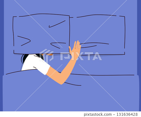 Person Sleeping on Bed With Pillow Over Head Cartoon Vector Illustration Symbolizing Nightmares Person Sleeping on Bed With Pillow Over Head Cartoon Vector Illustration Symbolizing Nightmares 131636428