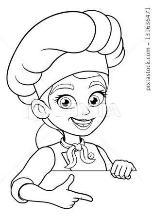 Smiling Cartoon Chef Woman Pointing at Blank Sign 131636471