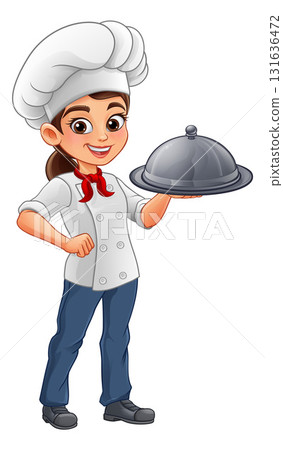 Chef Woman Holding Serving Tray Cloche Chef Woman Holding Serving Tray Cloche 131636472
