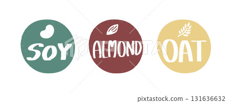 植物奶（大豆、杏仁、燕麥）的手繪標誌插圖 131636632