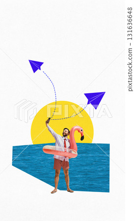 Creative collage. Businessman with flamingo float taking selfie near ocean with paper planes in bright sky Creative collage. Businessman with flamingo float taking selfie near ocean with paper planes in bright sky 131636648
