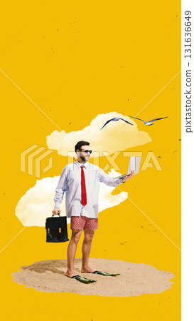 Bold colorful poster. Happy businessman with laptop and briefcase on sandy beach under yellow sky with birds 131636649