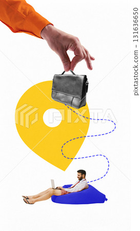 Creative digital artwork. Remote worker on beanbag under giant hand holding briefcase with location pin symbol 131636650