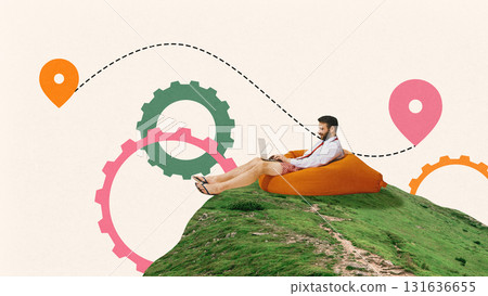 Modern composition. Relaxed businessman in shorts working remotely on beanbag with map and gear symbols 131636655