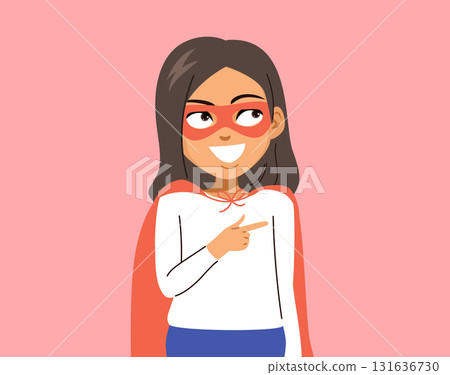 Cartoon Superhero Woman in Cape and Mask Pointing Forward on Pink Background Vector Illustration Cartoon Superhero Woman in Cape and Mask Pointing Forward on Pink Background Vector Illustration 131636730