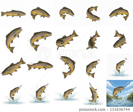 褐鱒魚的姿勢－各種角度和跳躍場景 131636744