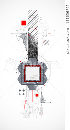 Abstract composition with wireframe mountains, geometric hexagons, dots, and lines. Abstract composition with wireframe mountains, geometric hexagons, dots, and lines. 131636765