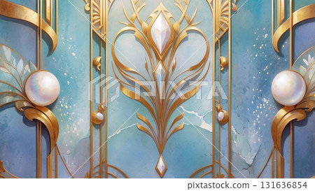 Luxurious light blue marble and mother-of-pearl motif gold Art Deco frame wallpaper 131636854