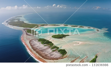 French Polynesia, Rangiroa island: Aerial view of largest atoll in the Tuamotu archipelago, featuring a turquoise lagoon and coral reef. Wild nature travel landscape. Drone flight panorama 131636986