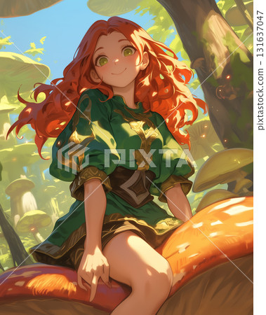 Beautiful red-haired girl in the forest, Girl smiling on a mushroom, Fantasy forest filled with light, Girl surrounded by nature, Beautiful red-haired girl in the forest, Girl smiling on a mushroom, Fantasy forest filled with light, Girl surrounded by nature, 131637047