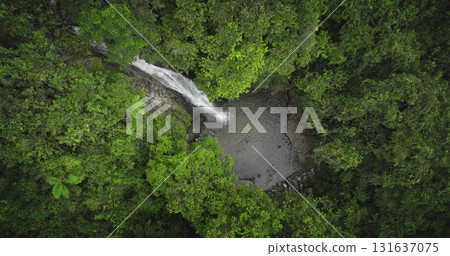 Fiji, Nadi Waterfall: mesmerizing waterfall cascading into a tranquil pond surrounded by lush jungle vegetation. Breathtaking aerial view of wild nature landscape. Drone flight zoom out Fiji, Nadi Waterfall: mesmerizing waterfall cascading into a tranquil pond surrounded by lush jungle vegetation. Breathtaking aerial view of wild nature landscape. Drone flight zoom out 131637075