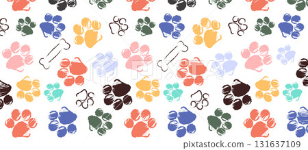 Colorful Dog Paw Print And Bones Pattern Vector Illustration Background 131637109