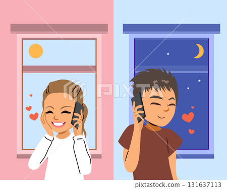 Cartoon Illustration Of Couple Talking On Smartphones Long Distance Relationship Concept 131637113